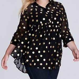 Lane Bryant Black & Gold Polka Dot Sheer Top